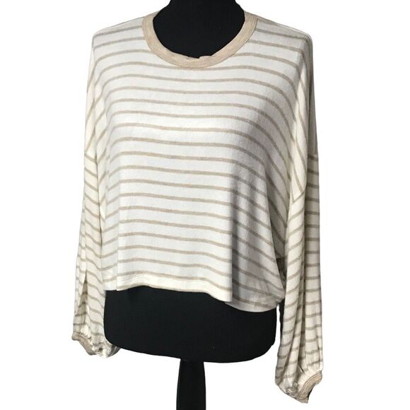Lulus Tan Striped Ultra Soft Cropped Balloon Sleeve Top N0445 - Picture 1 of 8